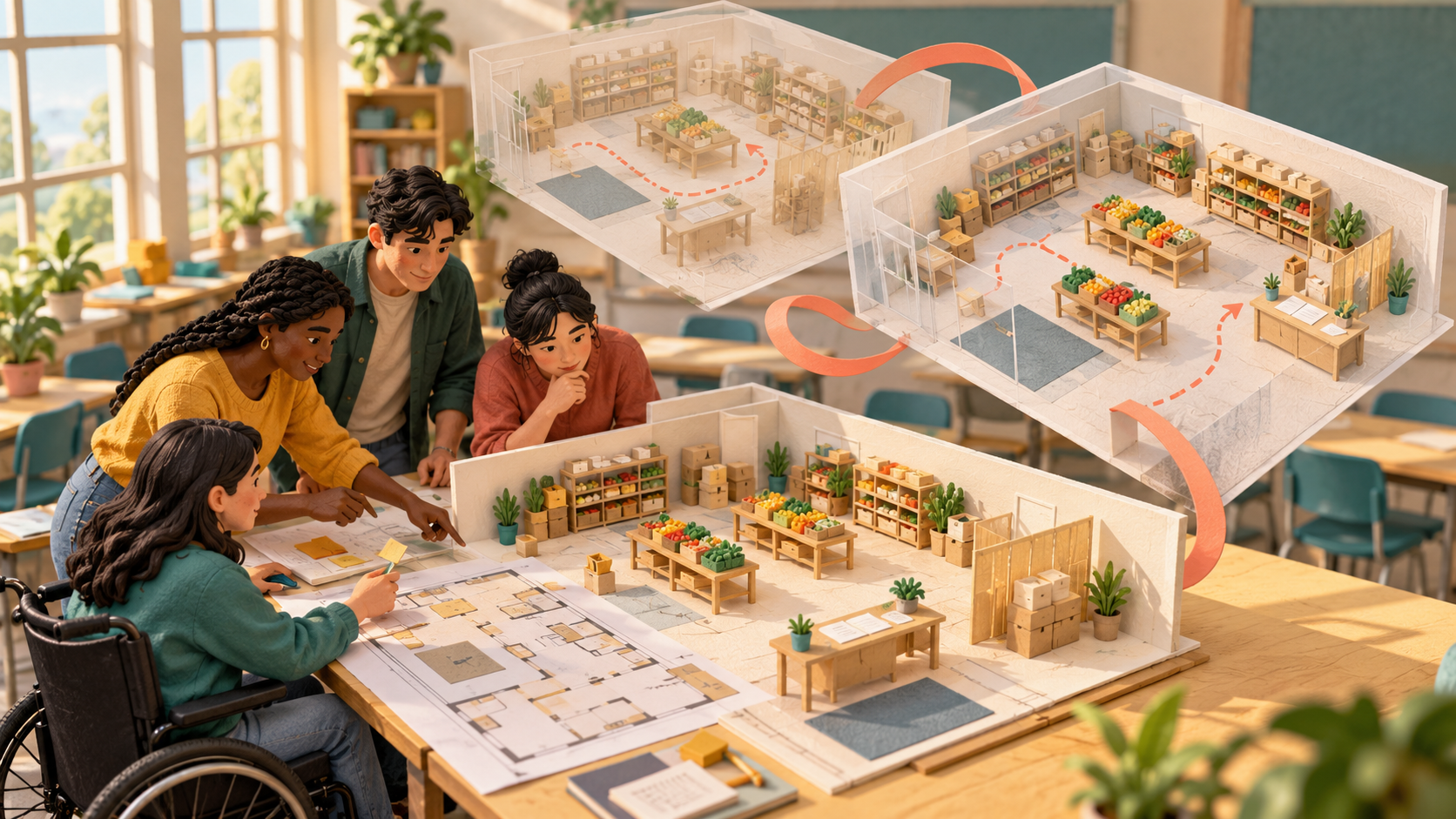 Editorial illustration of adult students reviewing a classroom food-pantry model, with overlapping room layouts showing a second design attempt.