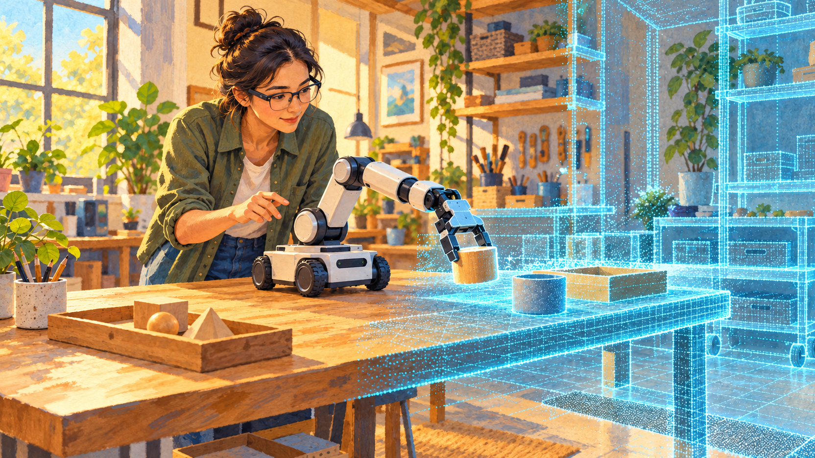 An instructor wearing smart glasses guides a small wheeled robot lifting a wooden cylinder in a sunlit workshop, while the table and shelves blend into a glowing blue spatial model.